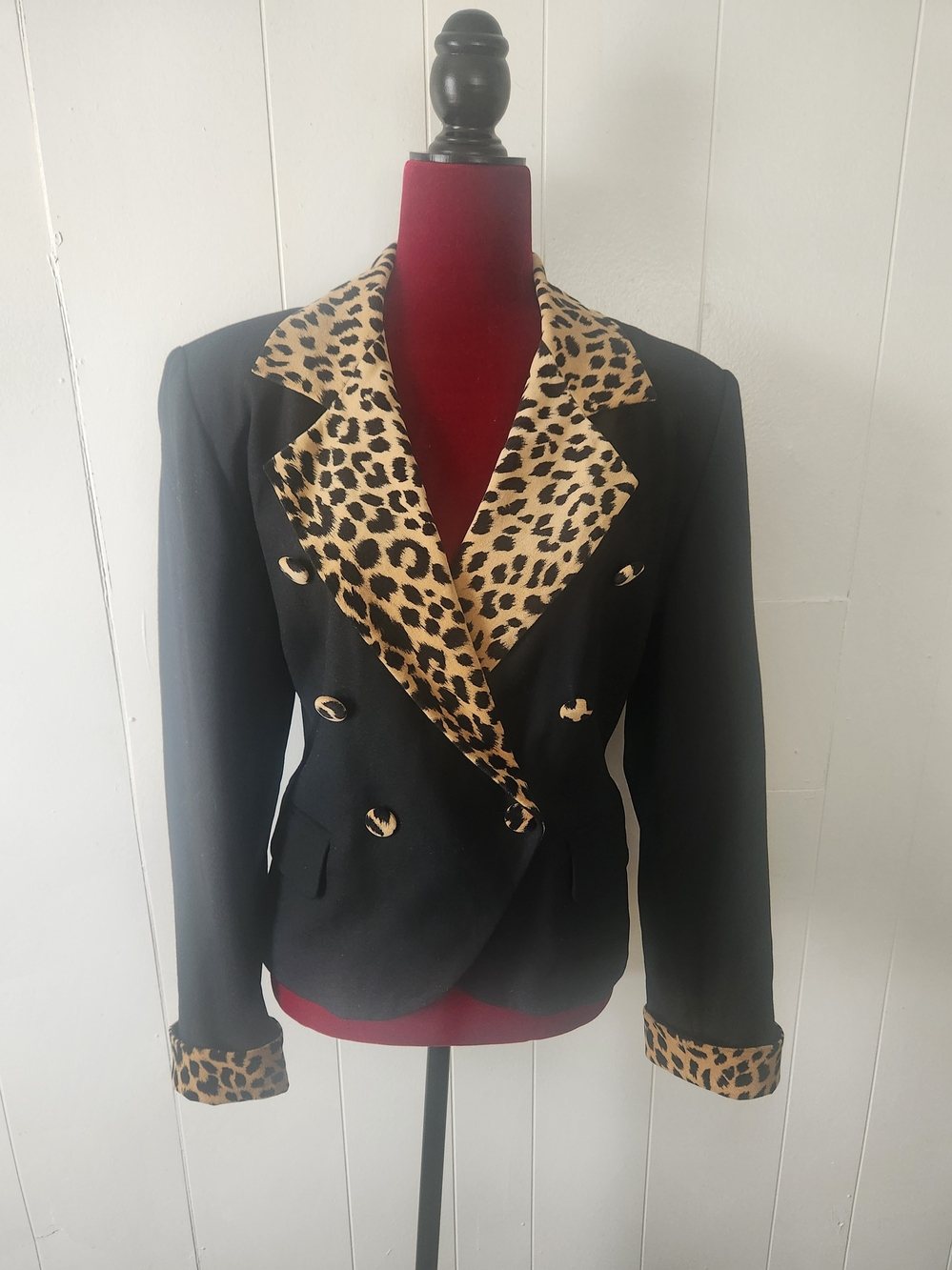 Vintage Black Blazer with Leopard Print Trim 100% Wool Size 12
